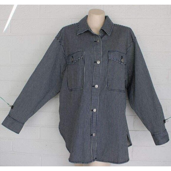 New Universal Thread XL Navy Pinstriped Denim Long Sleeve Shacket Jacket Shirt - Picture 1 of 6